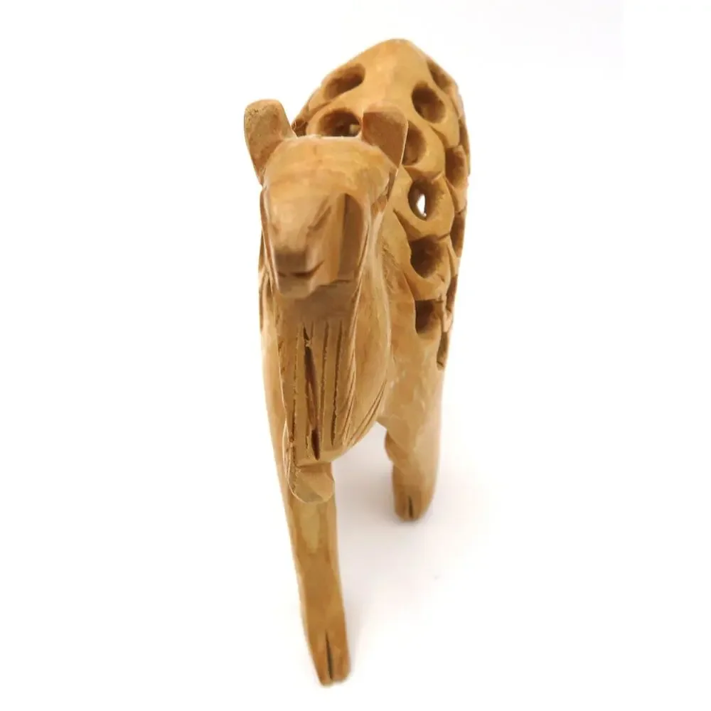 Vintage Hand Carved Wood Camel Figurine w Baby Camel Inside Pierced Carving